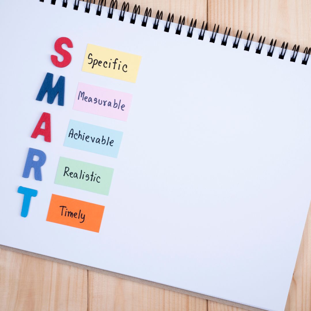 A notebook with SMART goals written in it.