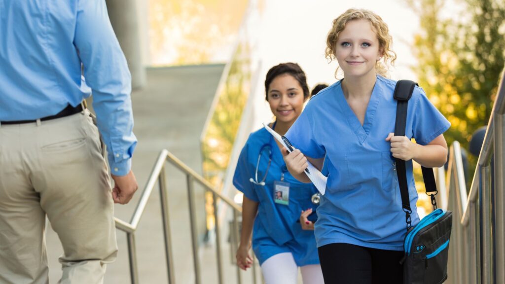 Nursing student walks to class