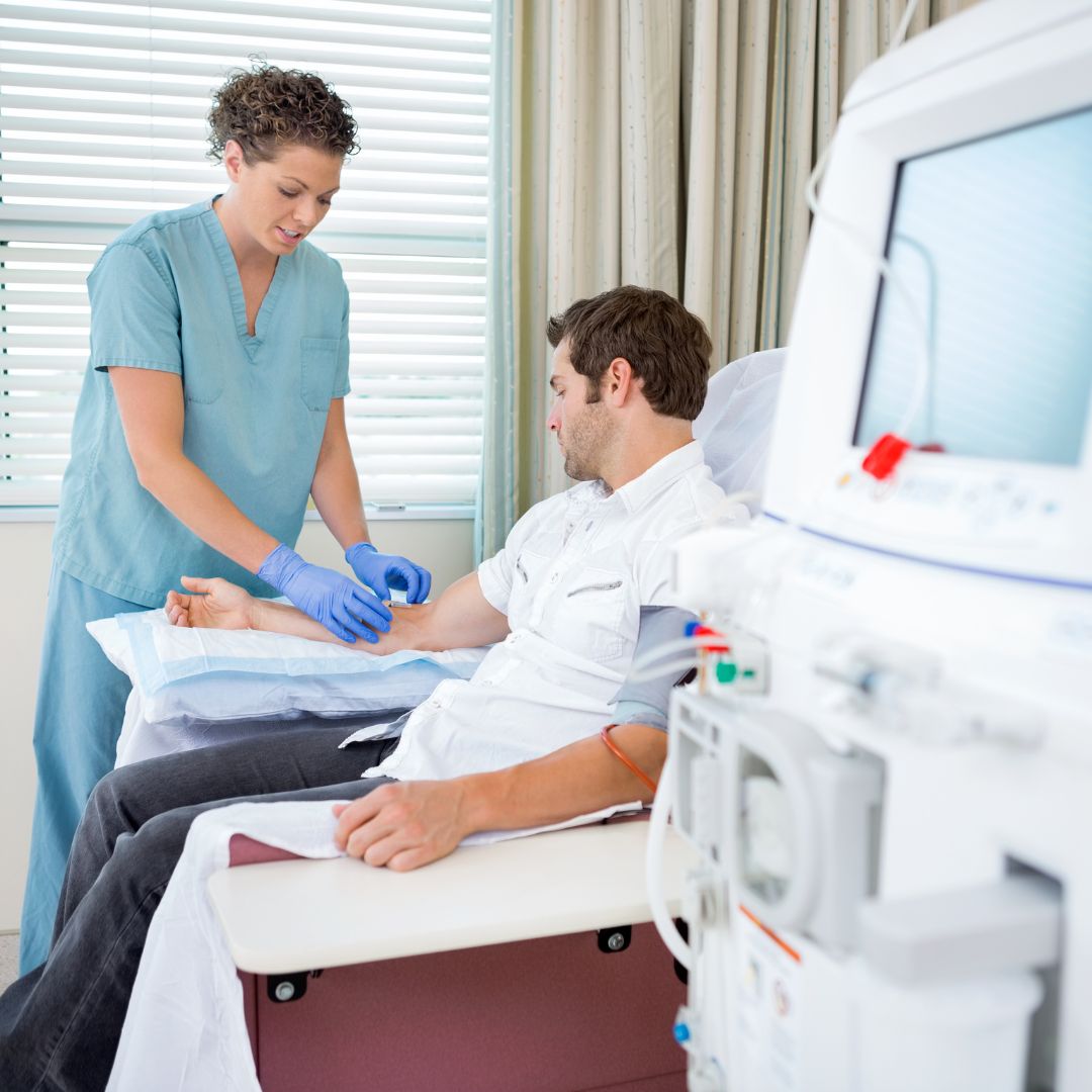 A nurse with a patient. 