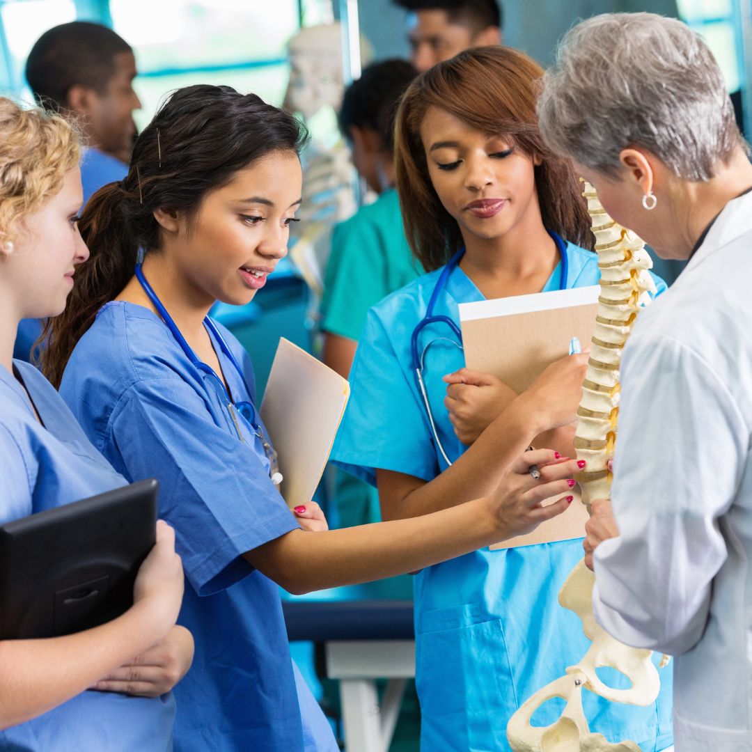 nurses looking at skeleton