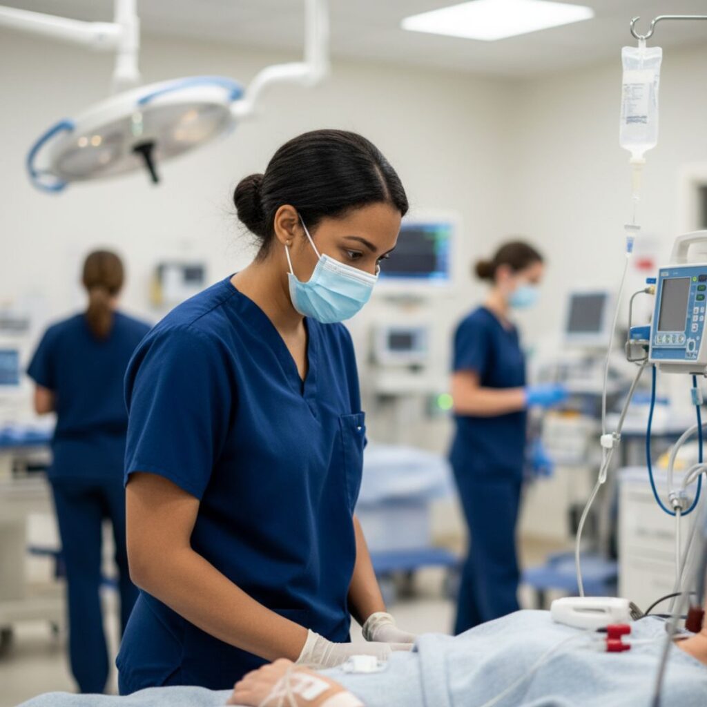 Emergency room nurse focused on patient care