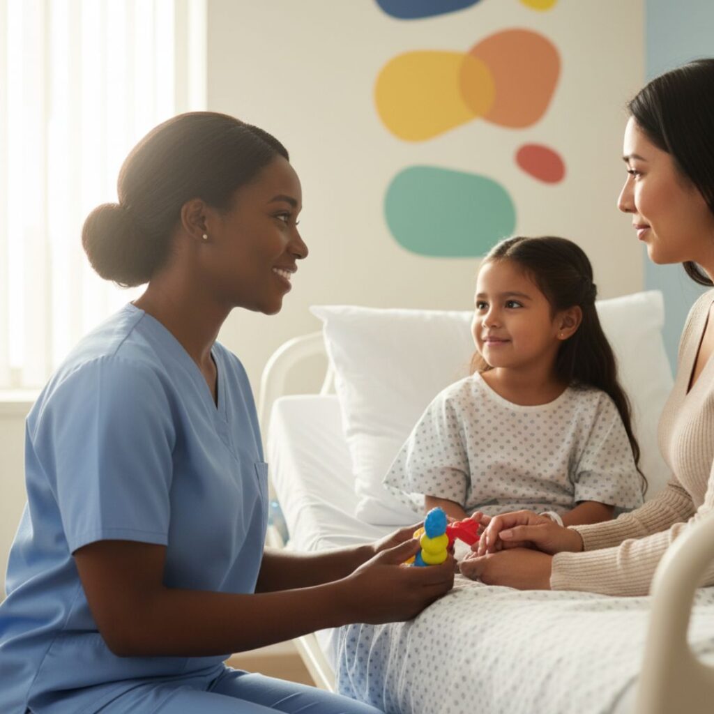 Nurse interacting with a pediatric patient and parent