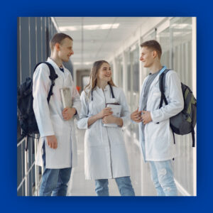 Med students talking in a hallway