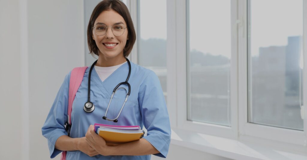 nursing student with backpack