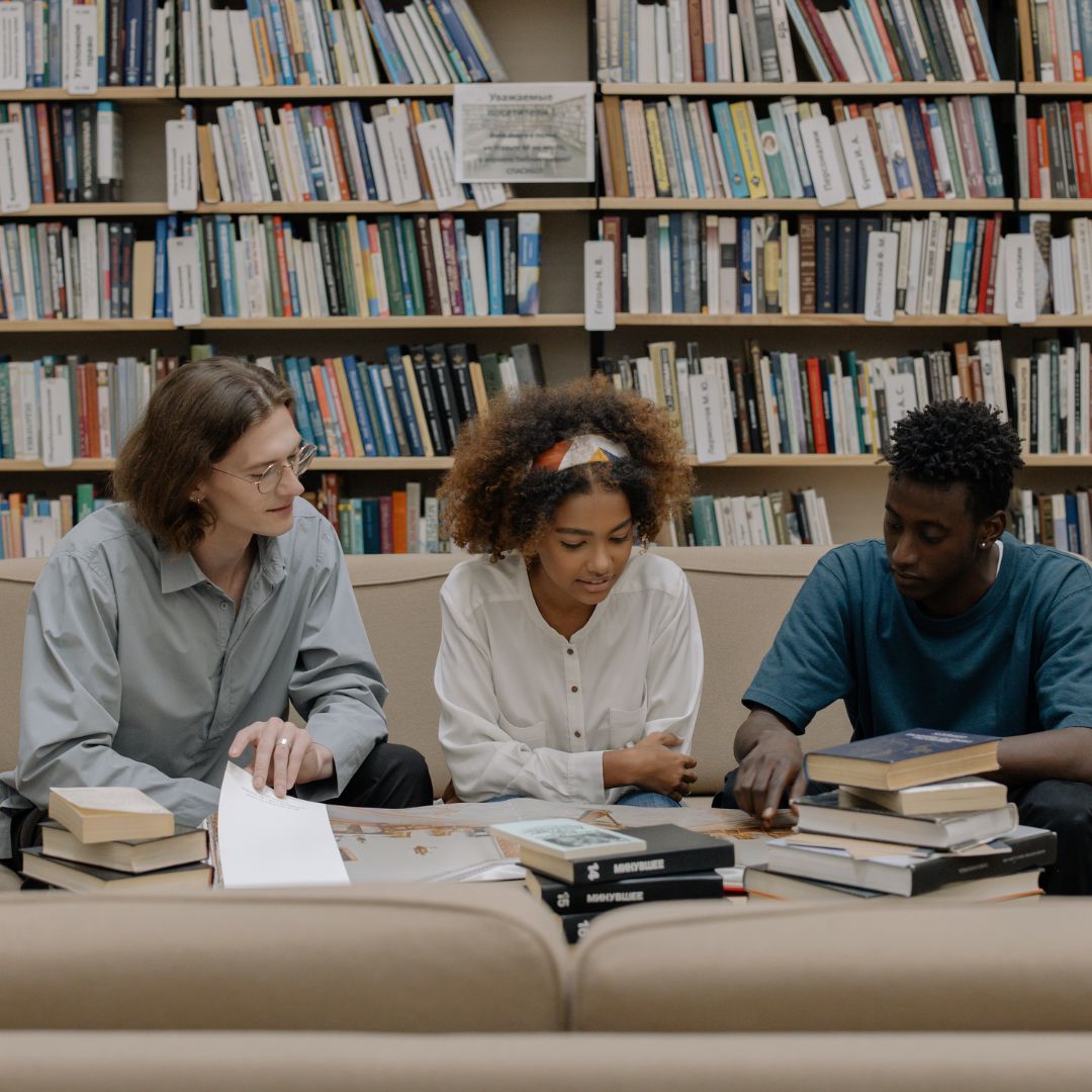 students studying in a library