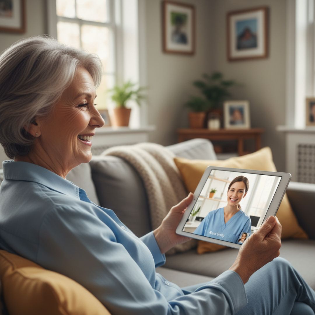 An elderly patient at home smiling while using a tablet for a video consultation with a nurse.