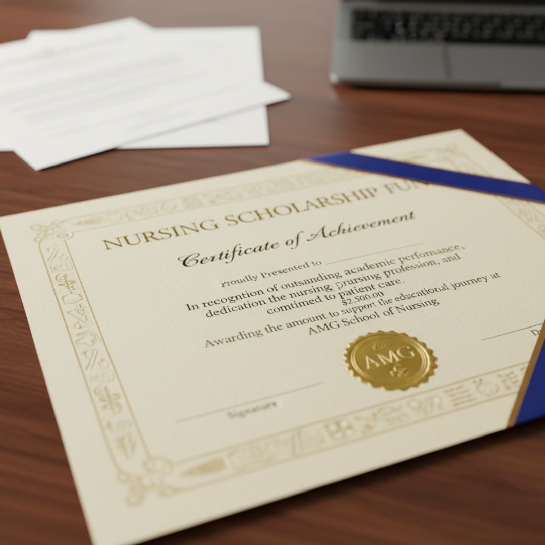 Close-up of a 'Nursing Scholarship Fund' certificate with a celebratory ribbon.
