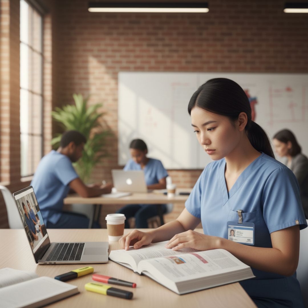 A nursing student in scrubs studying at a campus library with a laptop and textbooks.