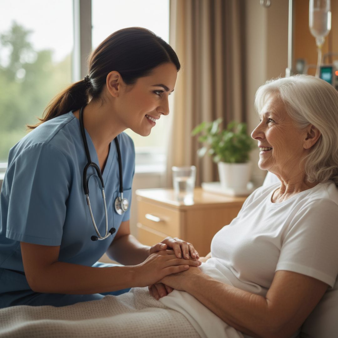 A friendly nursing student speaking compassionately with an elderly patient sitting in a hospital bed.