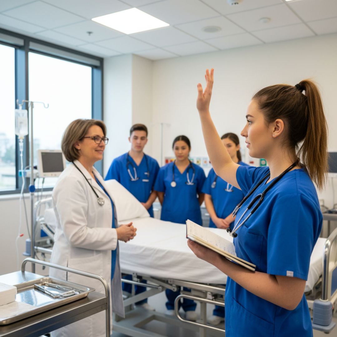 A nursing student raising their hand to ask a question in a clinical setting with an instructor and other students.