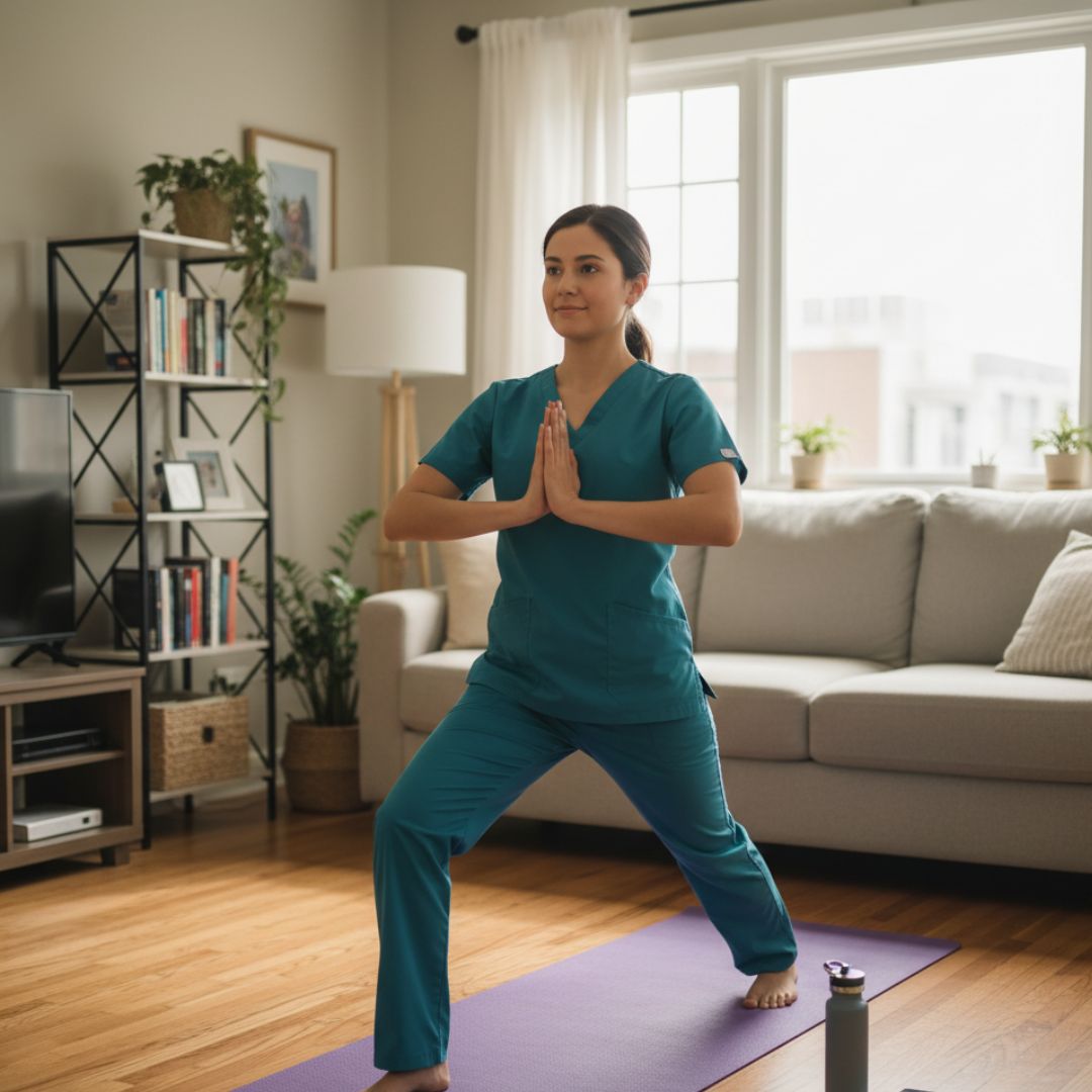 A person in scrubs practicing yoga on a mat in their living room to de-stress.