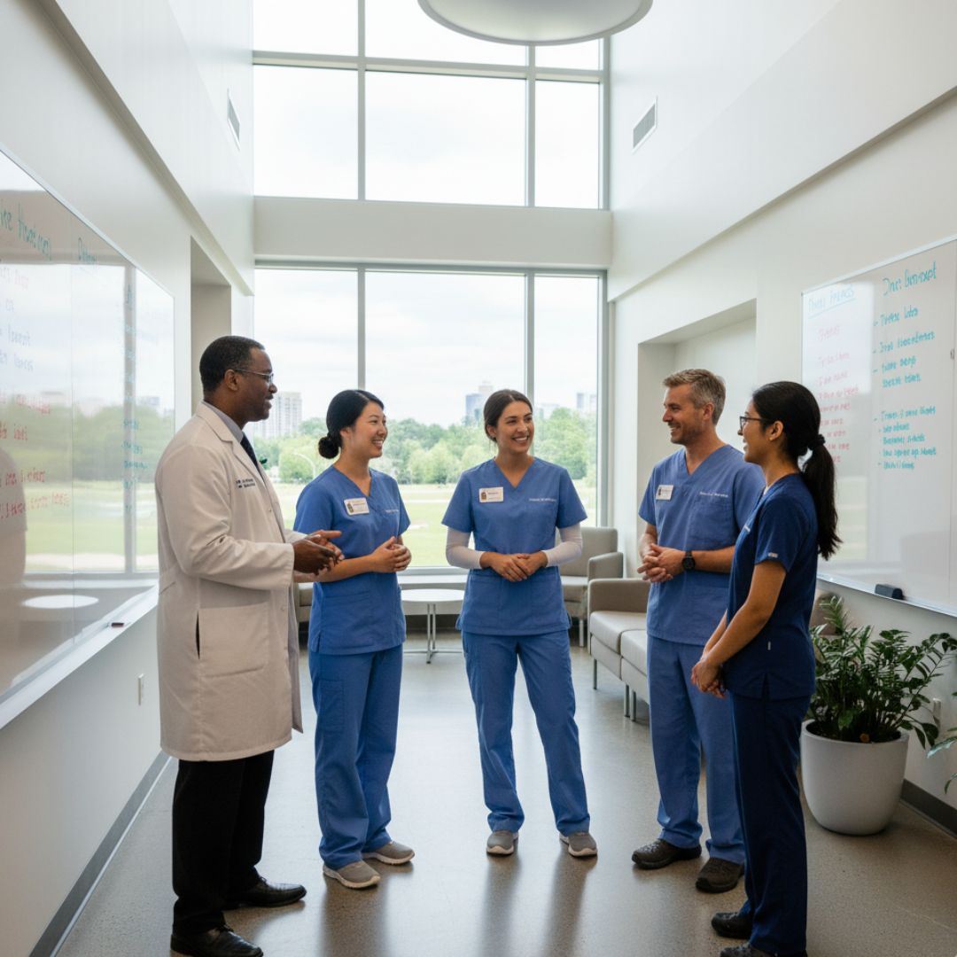 A diverse group of nursing faculty and students having a positive discussion in a hallway at a nursing school.