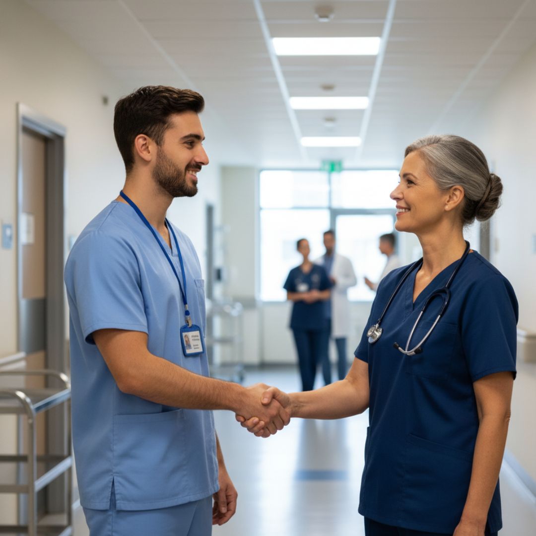 A nursing student respectfully shaking hands with a senior nurse in a hospital corridor.