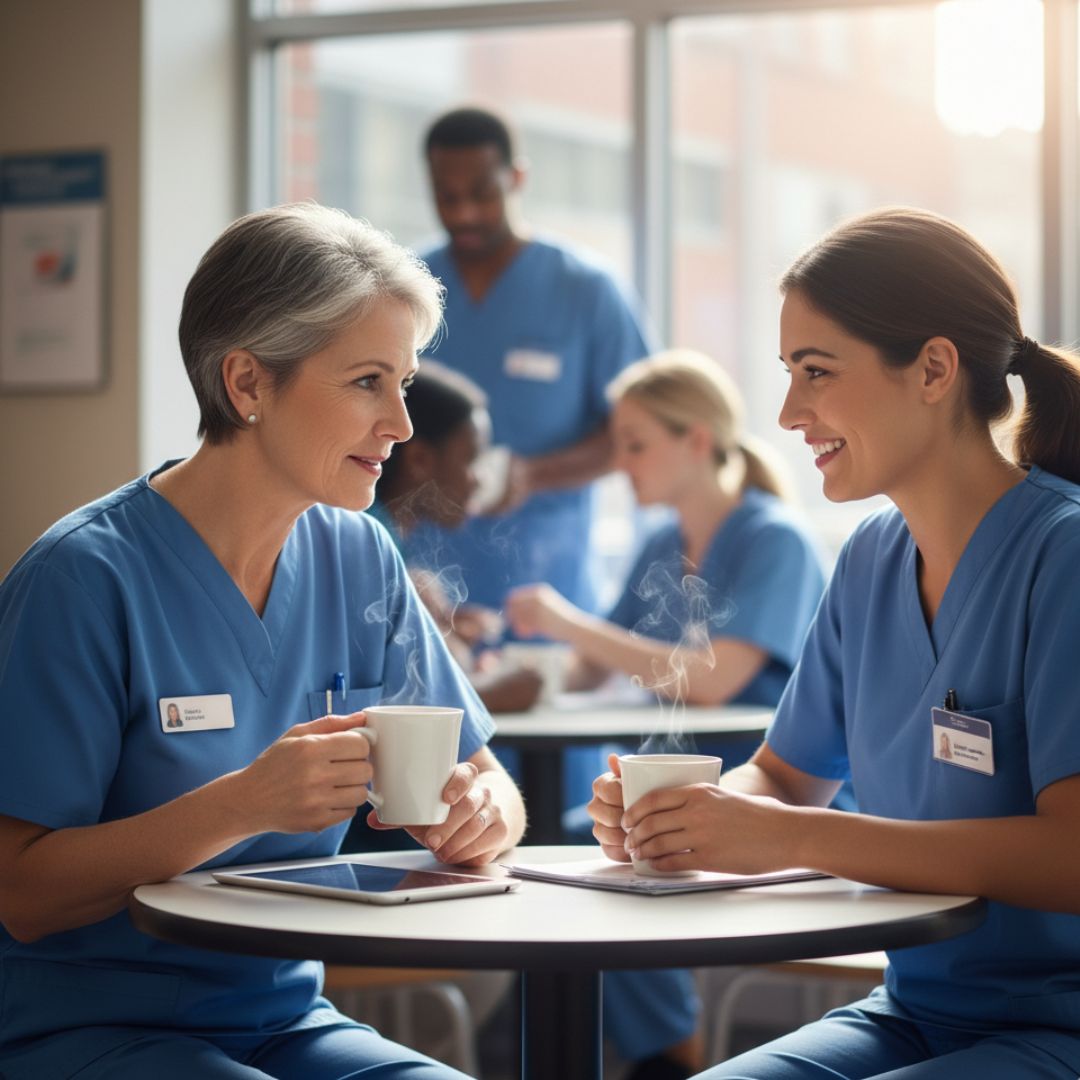 Two nurses of different ages having a conversation over coffee, looking engaged and supportive.