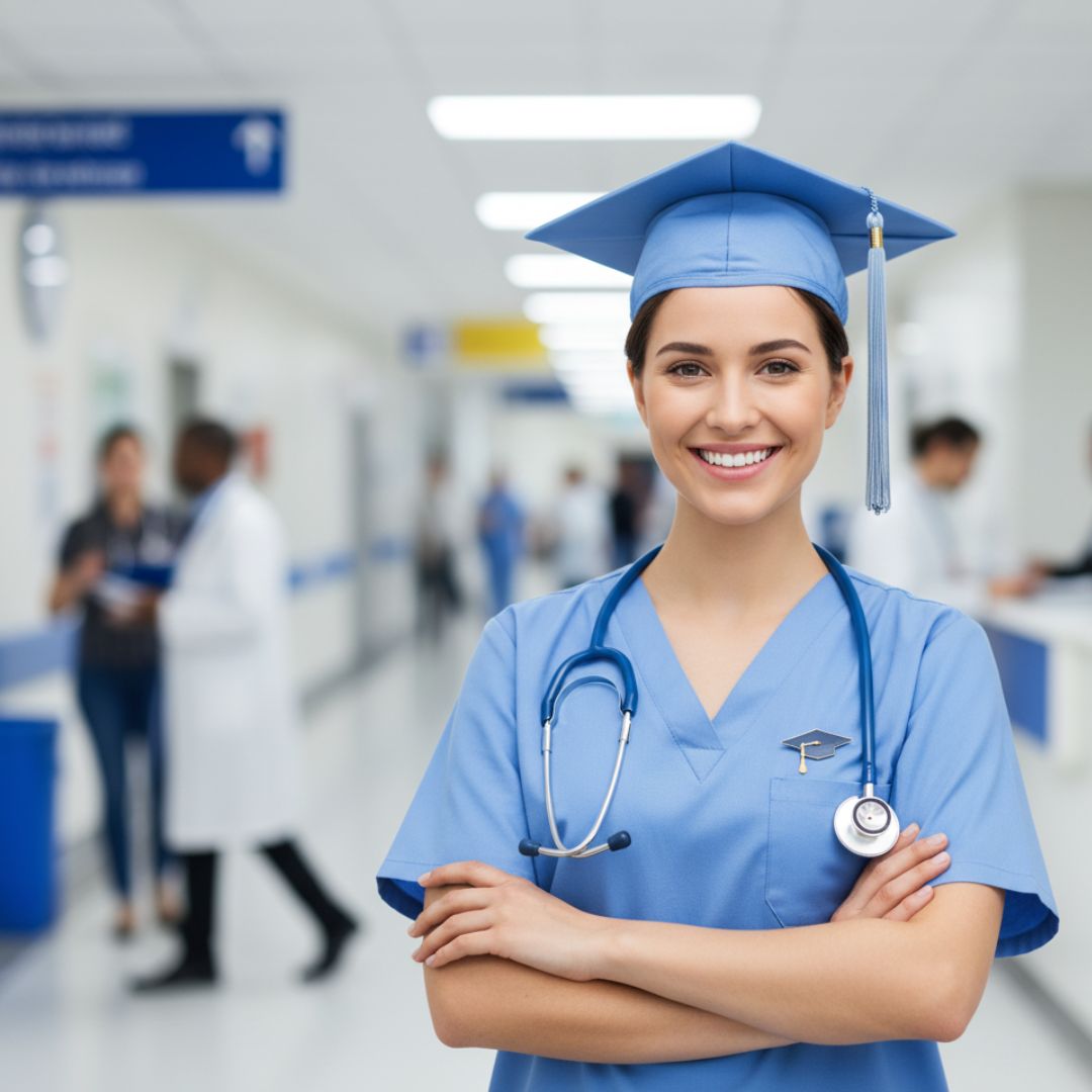 A confident nursing graduate in scrubs smiling, with a blurred background of a bustling hospital.