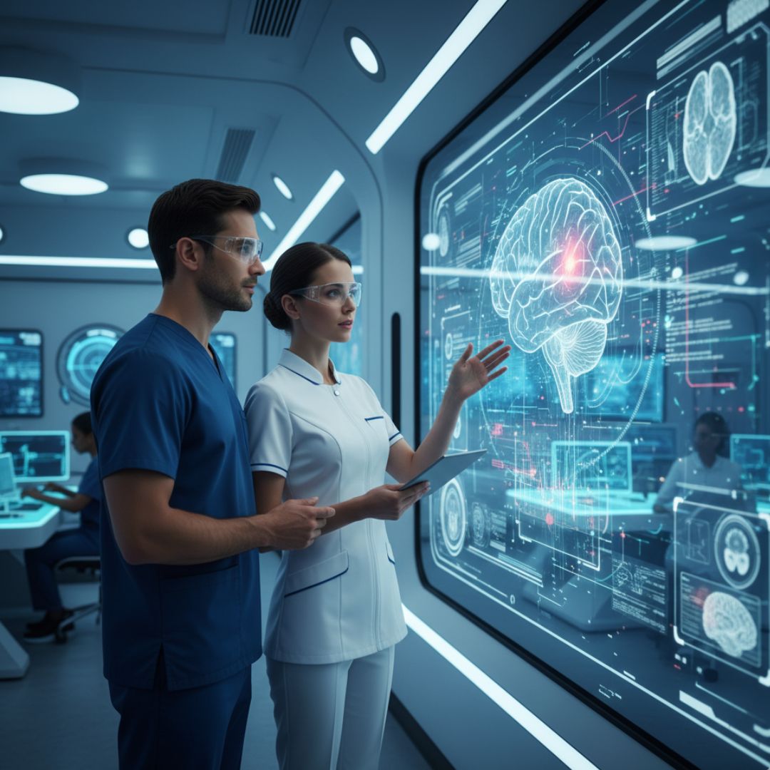 A nurse and doctor collaborating while looking at a complex medical scan on a large digital display.