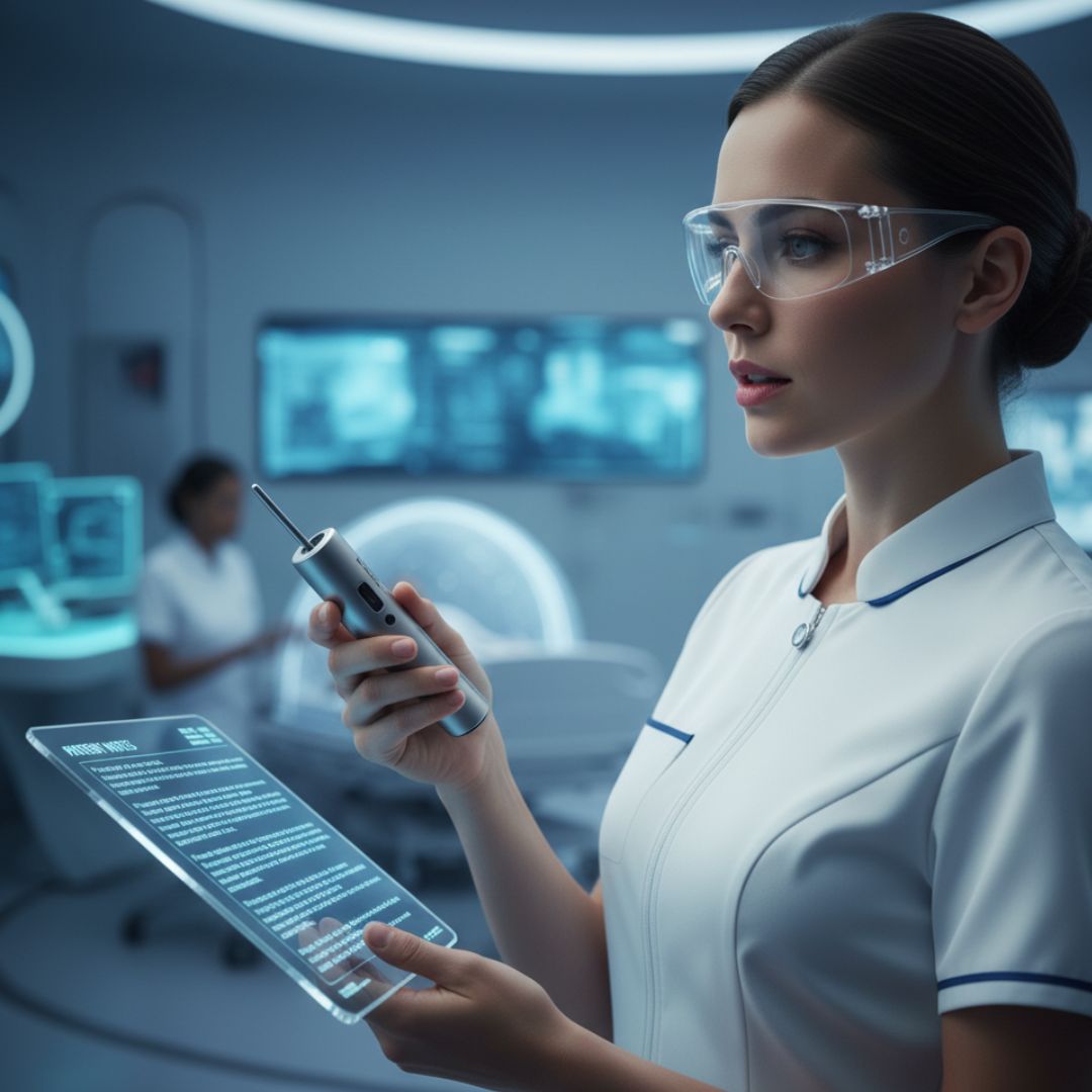 A nurse speaking into a small device that is transcribing notes directly into a patient's digital chart on a tablet.