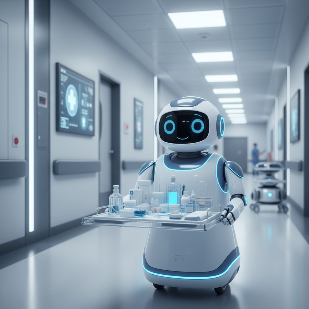 A friendly-looking medical assistance robot carrying a tray of supplies down a bright hospital hallway.