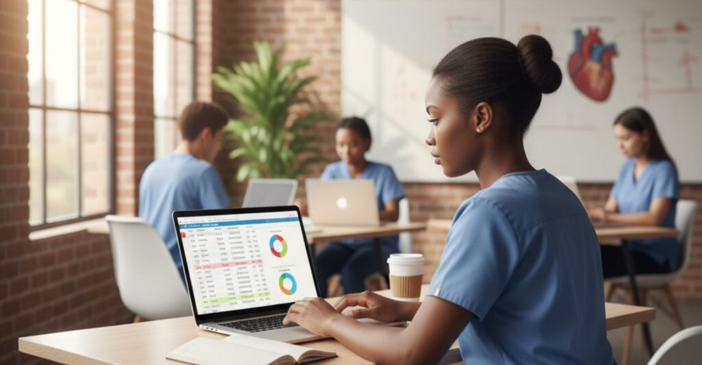 Nursing student reviewing their finances on a laptop in a bright, modern classroom.
