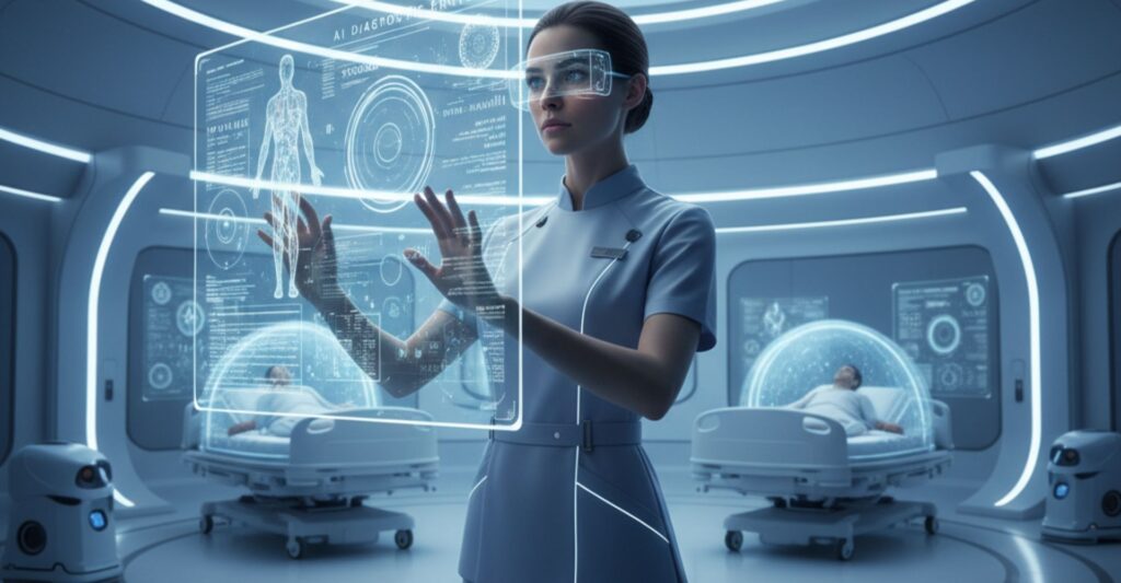 A futuristic hospital setting with a nurse interacting with an AI interface on a transparent screen.