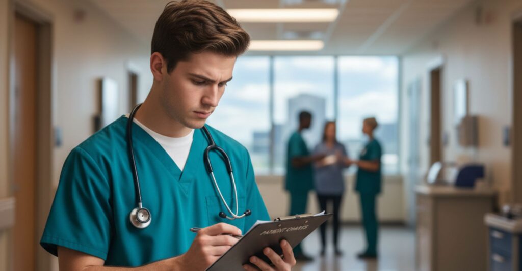 Nursing student in scrubs reviewing a clipboard with a blurry hospital hallway in the background.