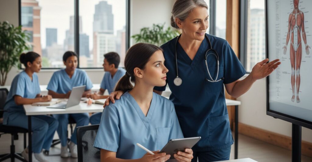 Experienced nurse mentoring a young nursing student in a bright, modern classroom setting.