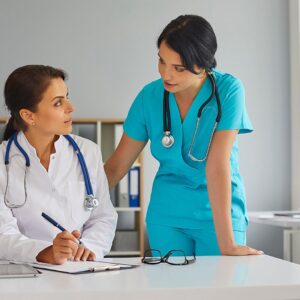 Nurse and doctor talking
