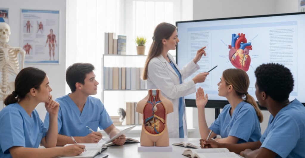Diverse nursing students studying textbooks and notes at a table