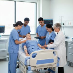 Caring instructor offering guidance to a nursing student