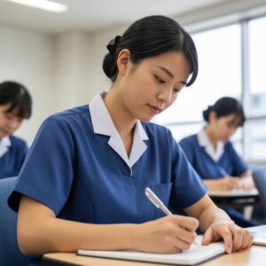 A diligent female nursing student in a dark blue scrub top with white trim is seated at a desk, intently writing in a notebook during a class.
