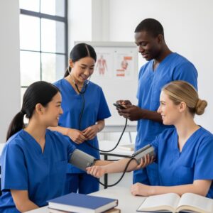 A diverse group of nursing students in blue scrubs practice taking vital signs and use a smartphone in a bright classroom.