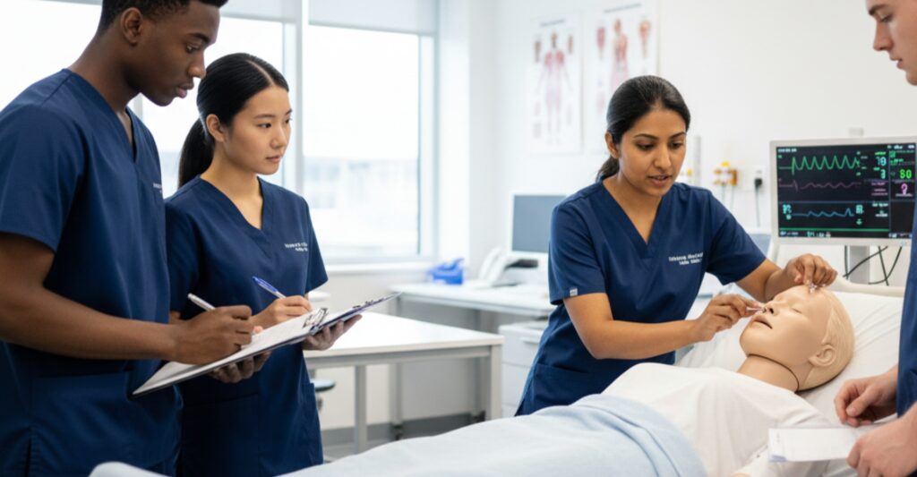 Nursing students in dark blue scrubs observe an instructor demonstrating a medical procedure on a mannequin in a bright, modern lab.