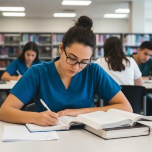 A focused female nursing student in teal scrubs writes notes while studying textbooks in a library.