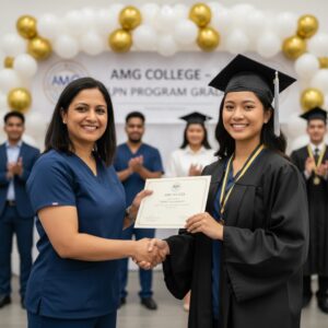 A smiling female graduate in a cap and gown shakes hands with a nursing instructor while receiving her LPN certificate.