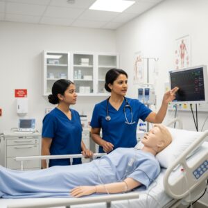 Supportive nursing faculty member guiding a student through a complex medical scenario in a realistic simulation lab setting.