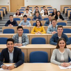 This image features a large group of diverse college students sitting in rows in a modern lecture hall, looking forward and smiling.