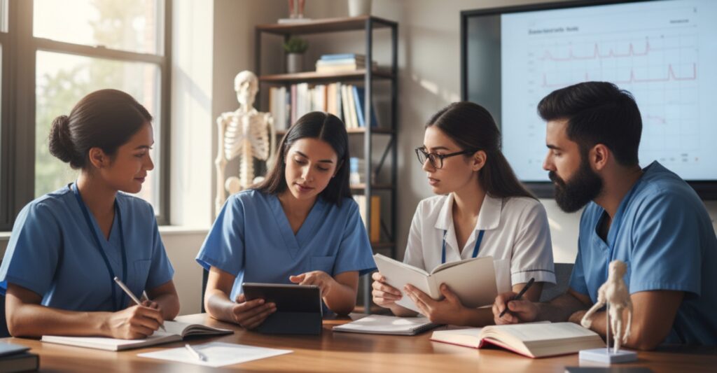Four nursing students in scrubs and a white coat study together around a large wooden table in a well-lit classroom.