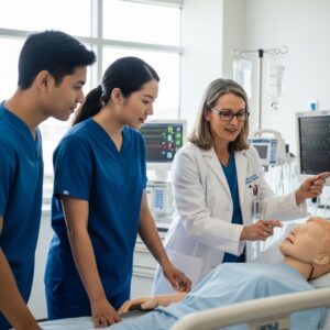 A female instructor in a white lab coat points to a medical monitor while two nursing students in blue scrubs observe a patient simulator in a clinical lab.