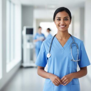 A smiling female nurse with dark hair in blue scrubs and a stethoscope stands confidently in a well-lit hospital hallway, looking directly at the viewer.