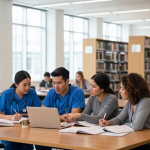 A diverse group of adult students, including two in scrubs, collaborate on a laptop in a bright library setting.