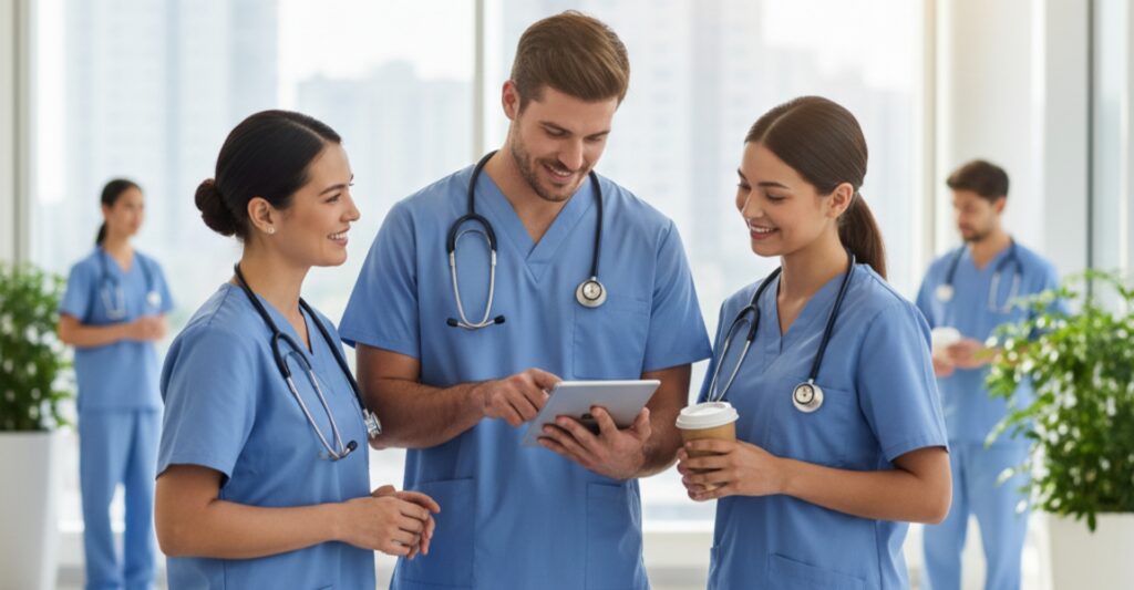 Three healthcare professionals in scrubs and stethoscopes review information on a tablet in a sunny hospital corridor.