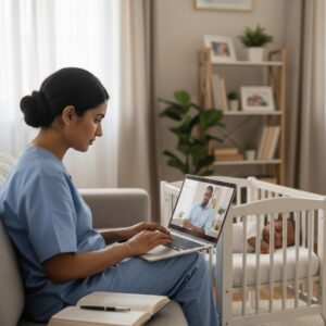 A female nurse in blue scrubs attends an online class on her laptop while a baby sleeps peacefully in a crib beside her.