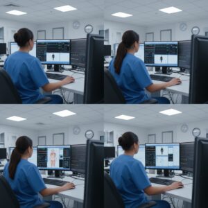 Multiple views of a nurse in scrubs monitoring patient vitals on multiple computer screens in a simulation lab.