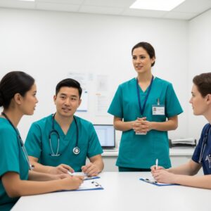 Confidence, diverse, team, healthcare, scrubs, smiling, meeting, discussion, education, learning, professional, leadership.