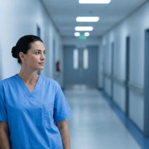 A nurse in blue scrubs pauses in a quiet hospital corridor