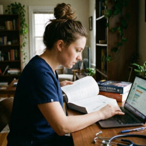 A female nurse in blue scrubs studies from a large textbook