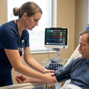 a nurse in blue scrubs checking a patient's vitals