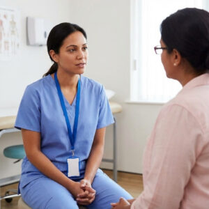 A nurse sits at eye level with a patient