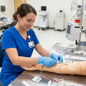 A nurse in a clinical lab practices an IV insertion procedure on a simulation arm
