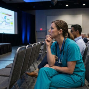 A nurse in scrubs listens at a healthcare conference